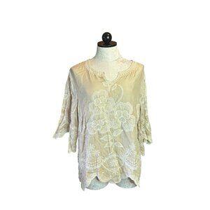 Solitaire Embroidered Beige Cream Top Size L 3/4 Bell Sleeves Boho Fairy‎